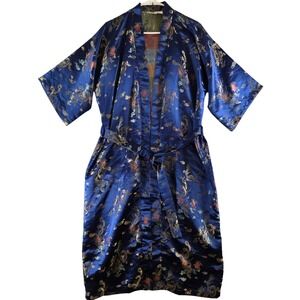 Plants Vintage 100% Silk Dragon Phoenix Embroidered Kimono Robe Blue Asian L
